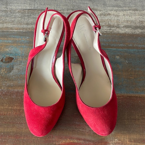 INC International Concepts Shoes - INC,Lali,Red,Suede,Stiletto,Leather Upper,Patent Leather Heel,Ankle Buckle,6.5 M